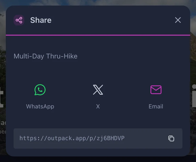 The OutPack share dialog with a short public link and WhatsApp, X and email options