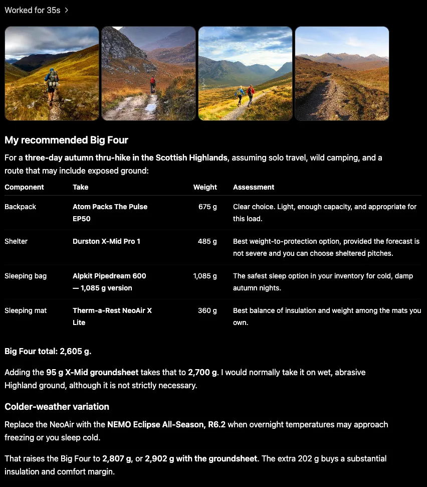 ChatGPT's response recommending a backpack, shelter, sleeping bag and sleeping mat from the user's OutPack inventory, with a weather-driven colder-weather variation