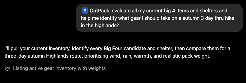 A ChatGPT prompt asking OutPack to evaluate the user's Big Four items and shelters for an autumn three day thru-hike in the Highlands