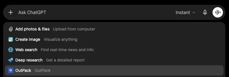 ChatGPT's tool picker with OutPack listed alongside web search and deep research