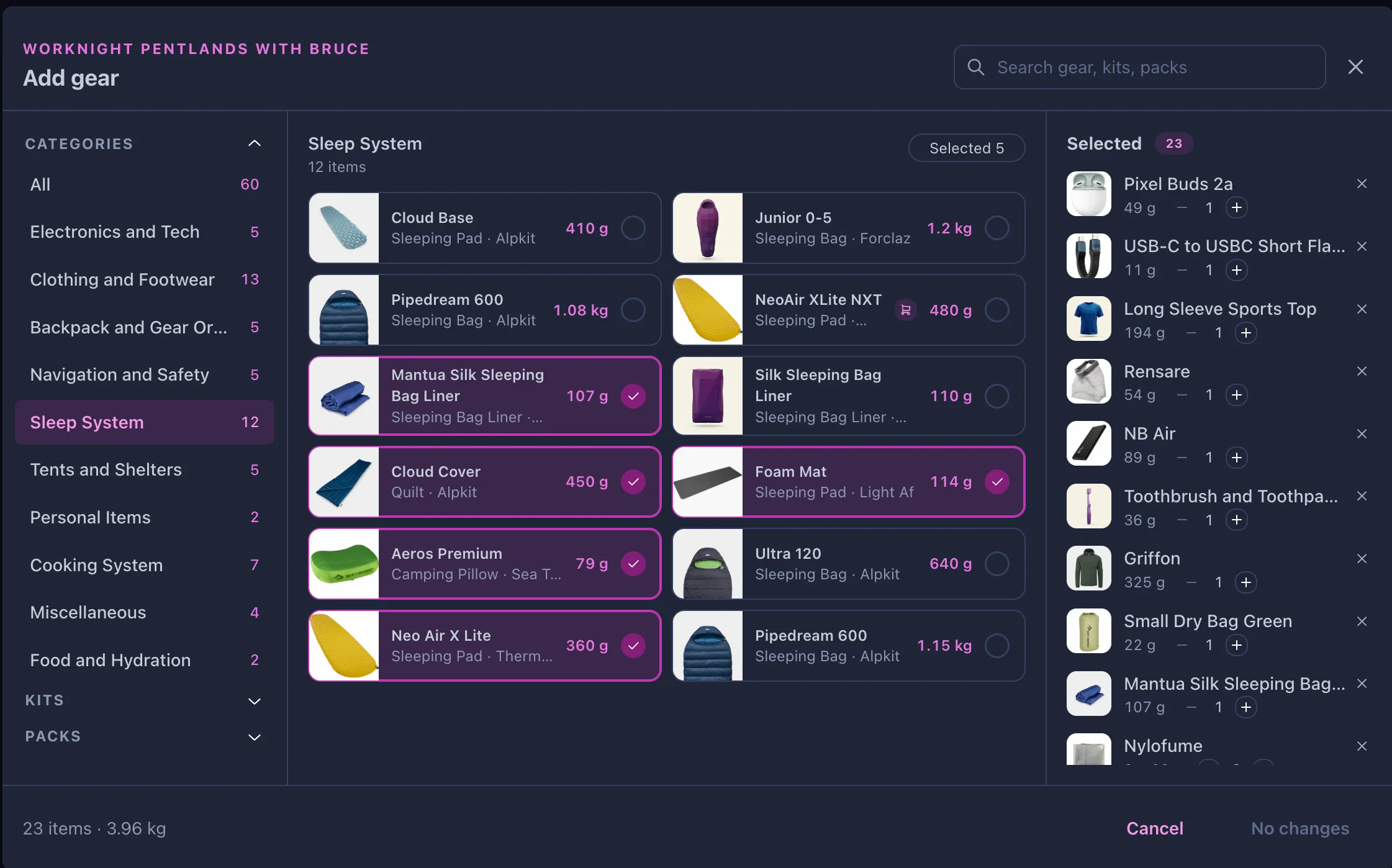 The OutPack add-gear screen: categories on the left, gear in the middle, the selected list and weight tally on the right