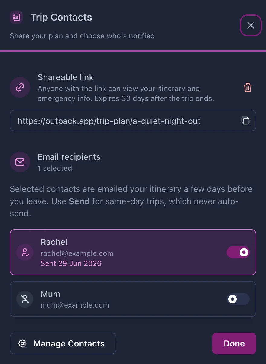 The OutPack Trip Contacts panel: a shareable link and a list of email recipients with toggles