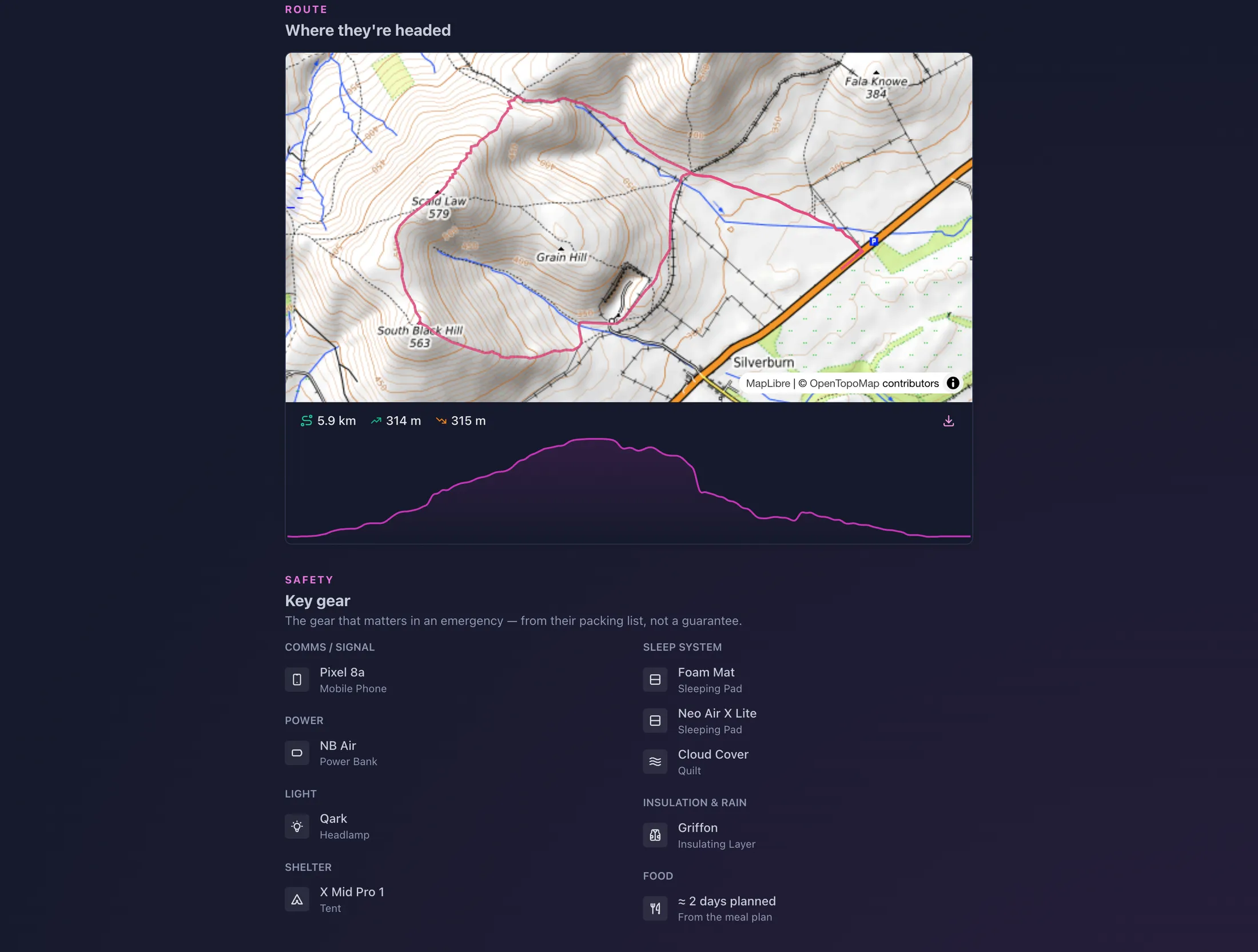 A shared OutPack trip plan showing a topographic route map, distance and climb, and a key-gear safety panel