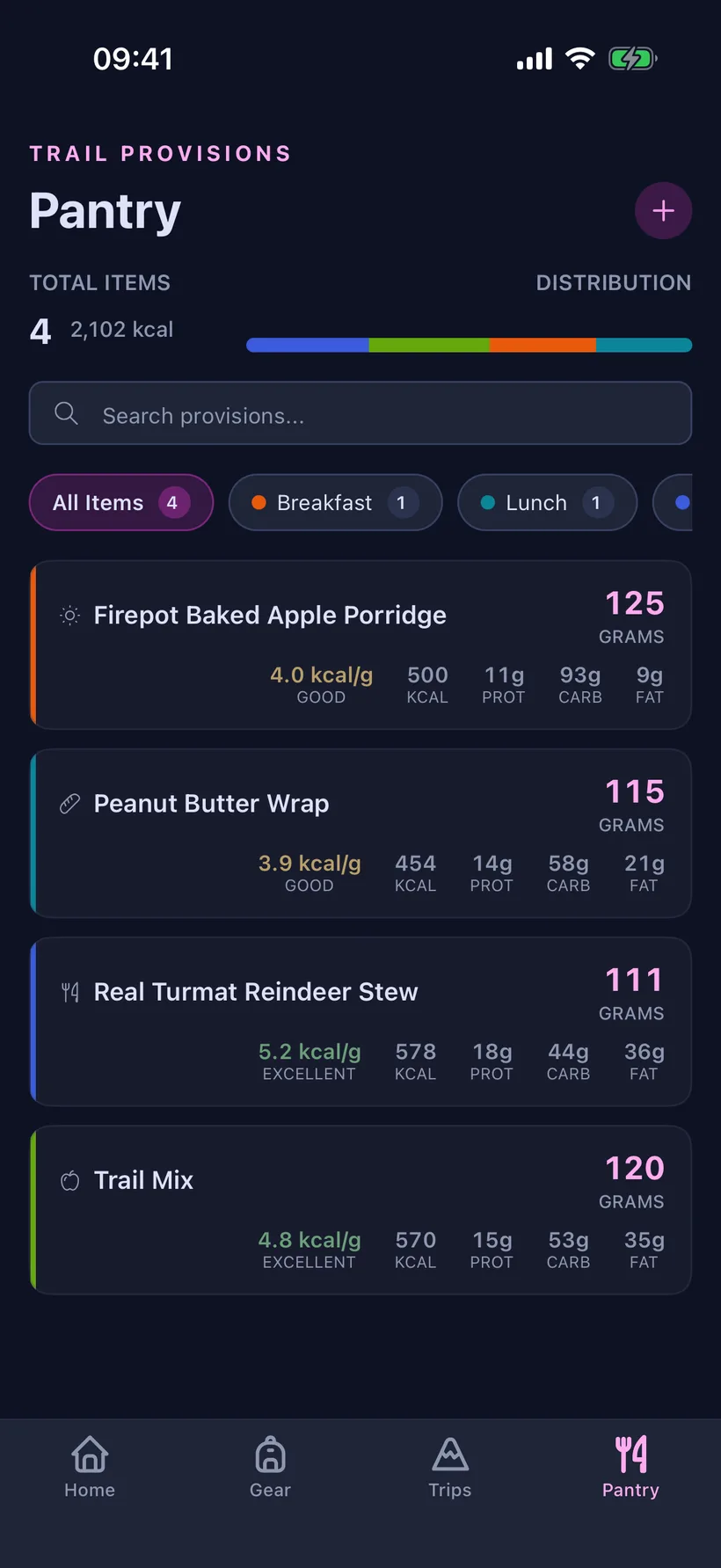 OutPack mobile pantry screen: trail food with calories, kcal-per-gram and macros