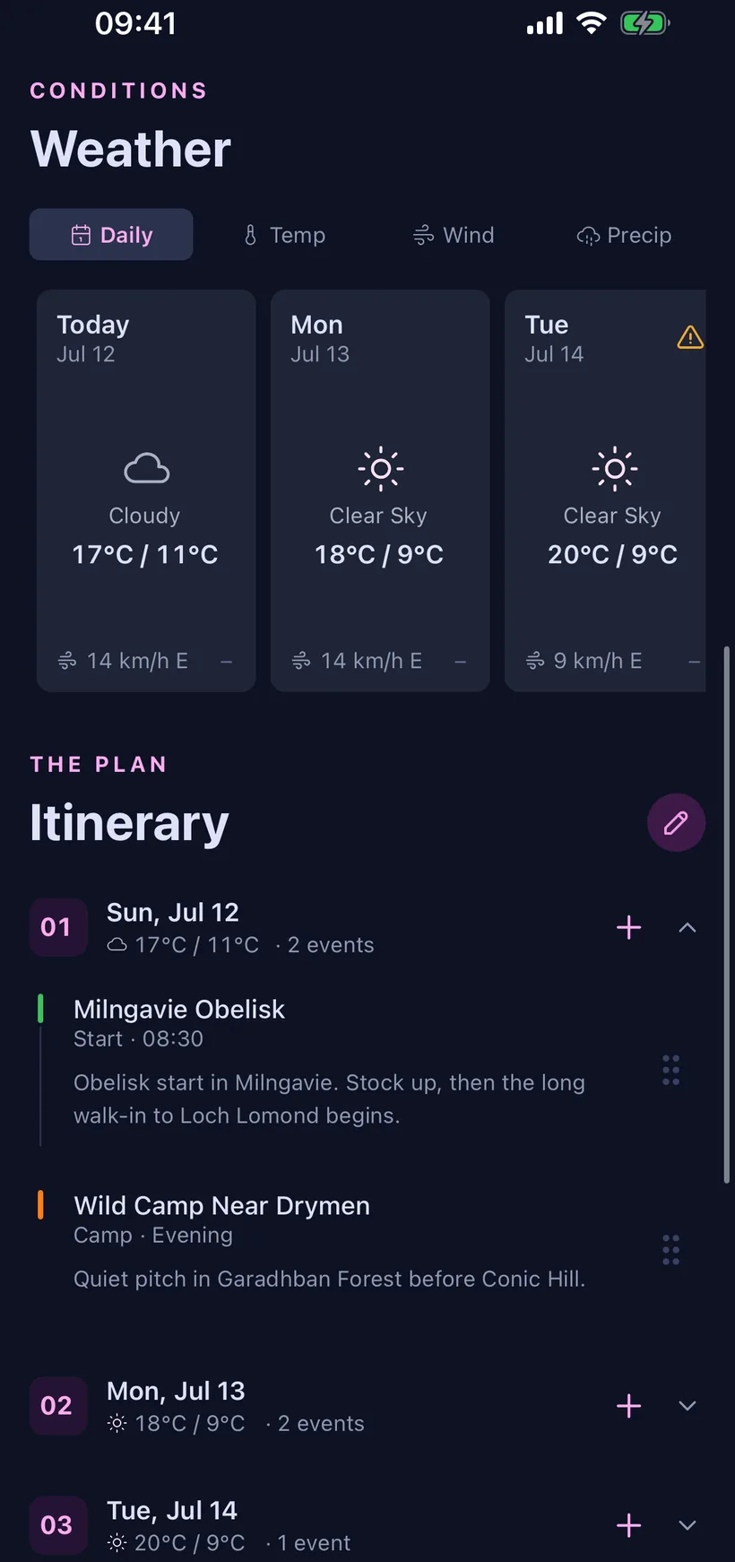 OutPack mobile itinerary screen: the daily weather forecast above the trip plan