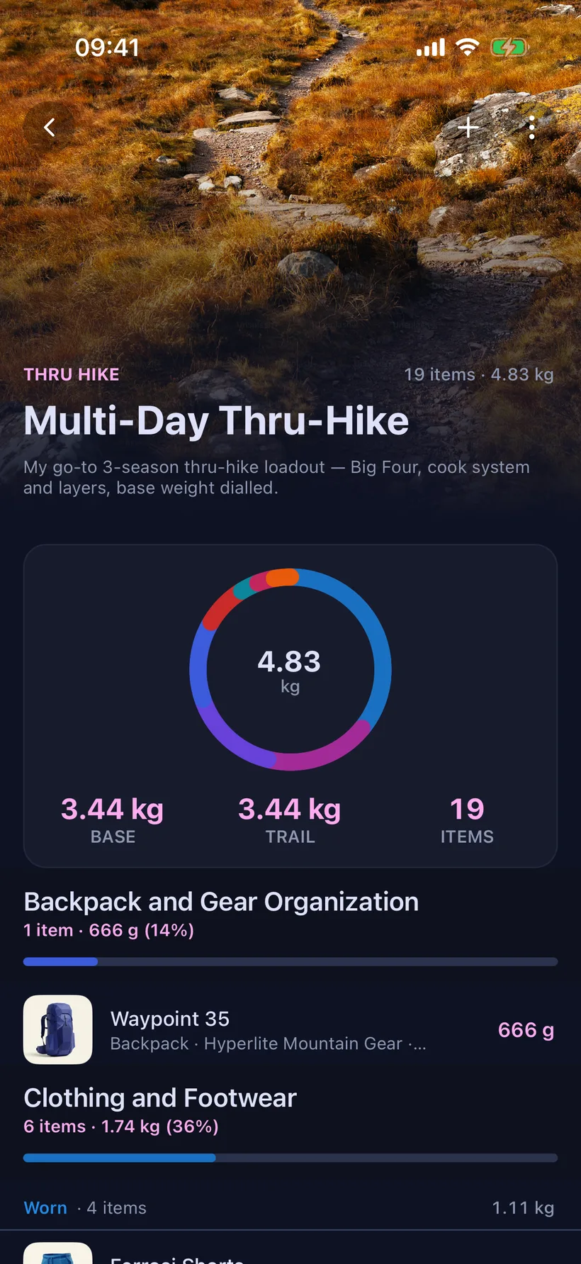 OutPack mobile pack screen: base, trail and total weight with a category donut chart