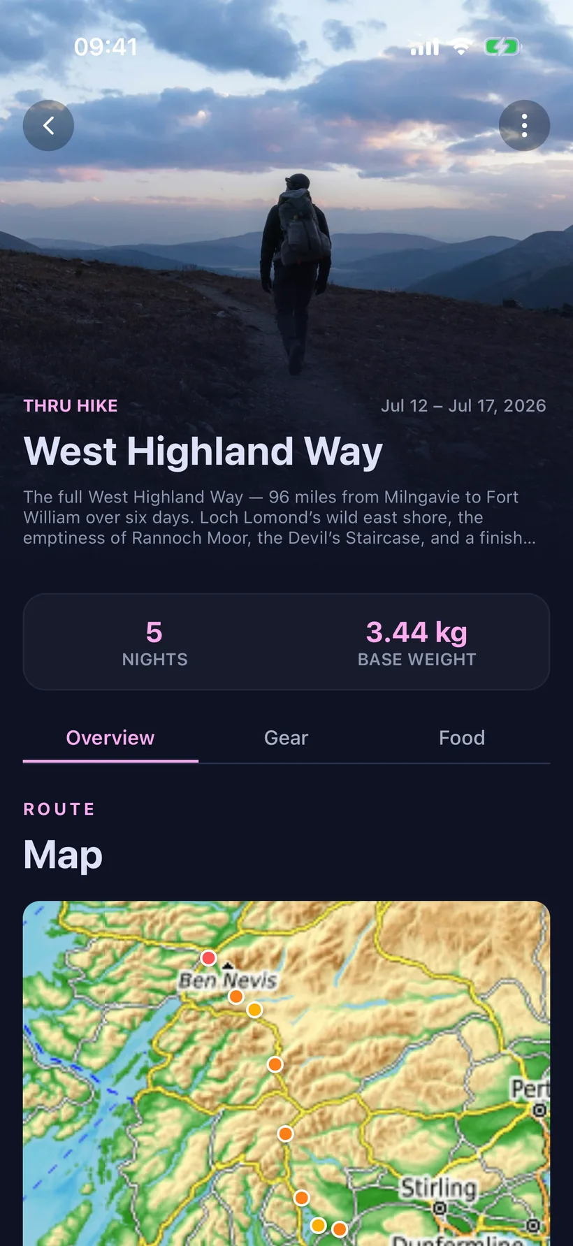 OutPack mobile trip screen: the West Highland Way with nights, base weight and a route map